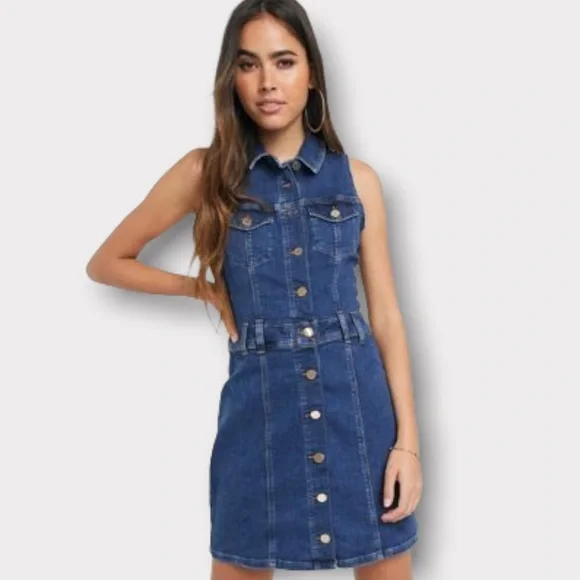 river island denim mini dress Blue Denim Button Front Mini Dress